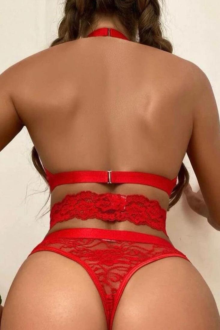 Sexy Red Lace Halter Heart Ring Chain Lingerie Set