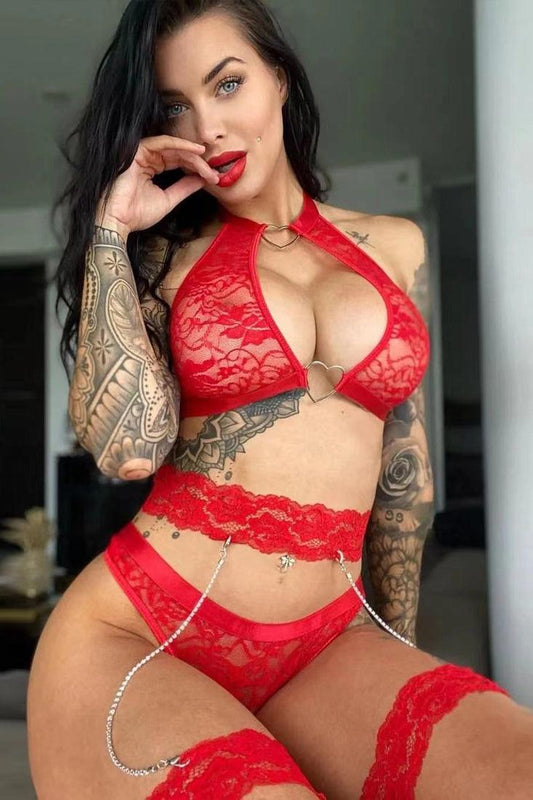 Sexy Red Lace Halter Heart Ring Chain Lingerie Set