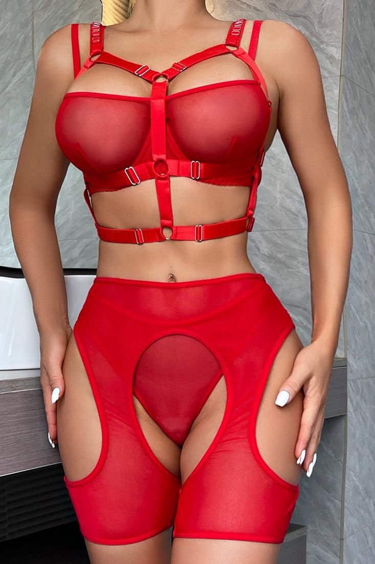 Red Sheer Mesh High Waisted Garter Cut Open Shorts 4Pc Lingerie Set