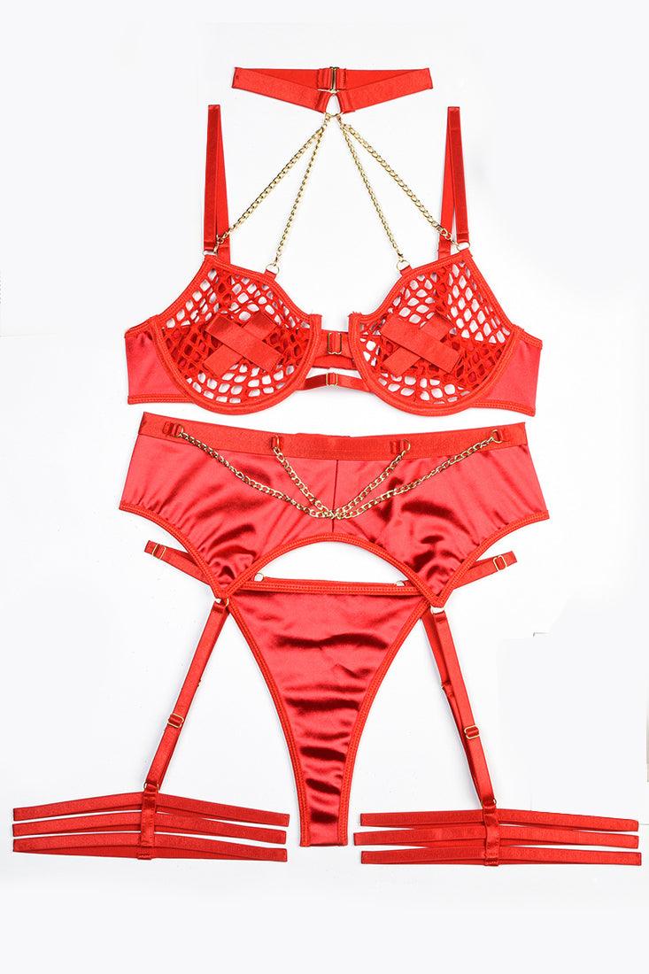 Red Netted Satin Choker Chain Garter Thong 5Pc Lingerie Set