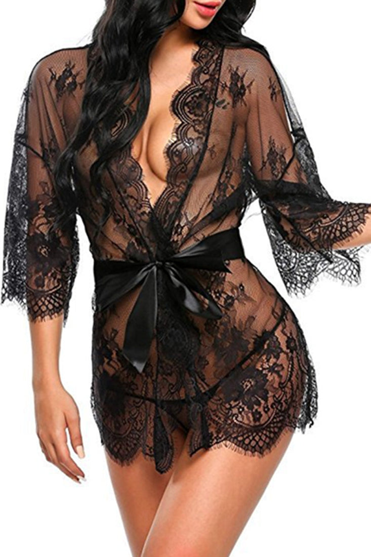 Black Lace Embroidered Robe Thong Belt 3Pc Lingerie Set