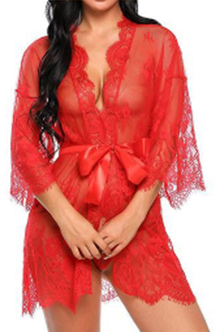 Red Lace Embroidered Robe Thong Belt 3Pc Lingerie Set