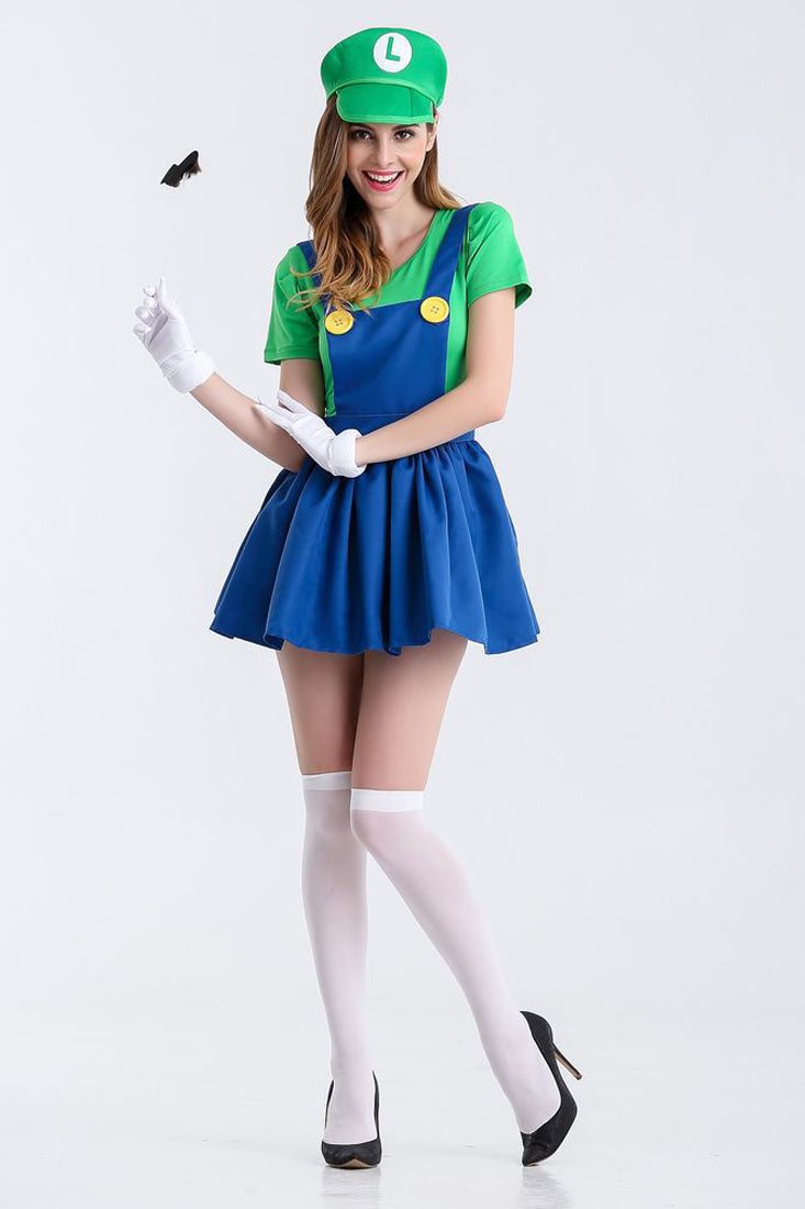 Green Short Sleeves Skirt Fitted Sexy Luigi Costume W/Hat