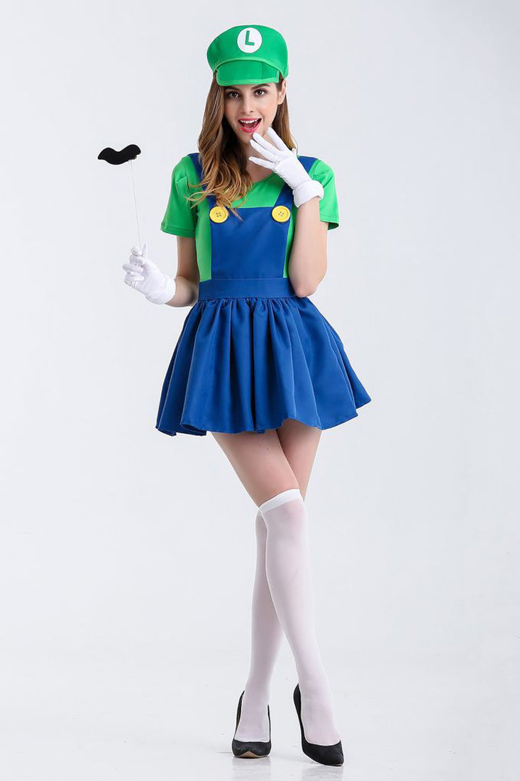 Green Short Sleeves Skirt Fitted Sexy Luigi Costume W/Hat