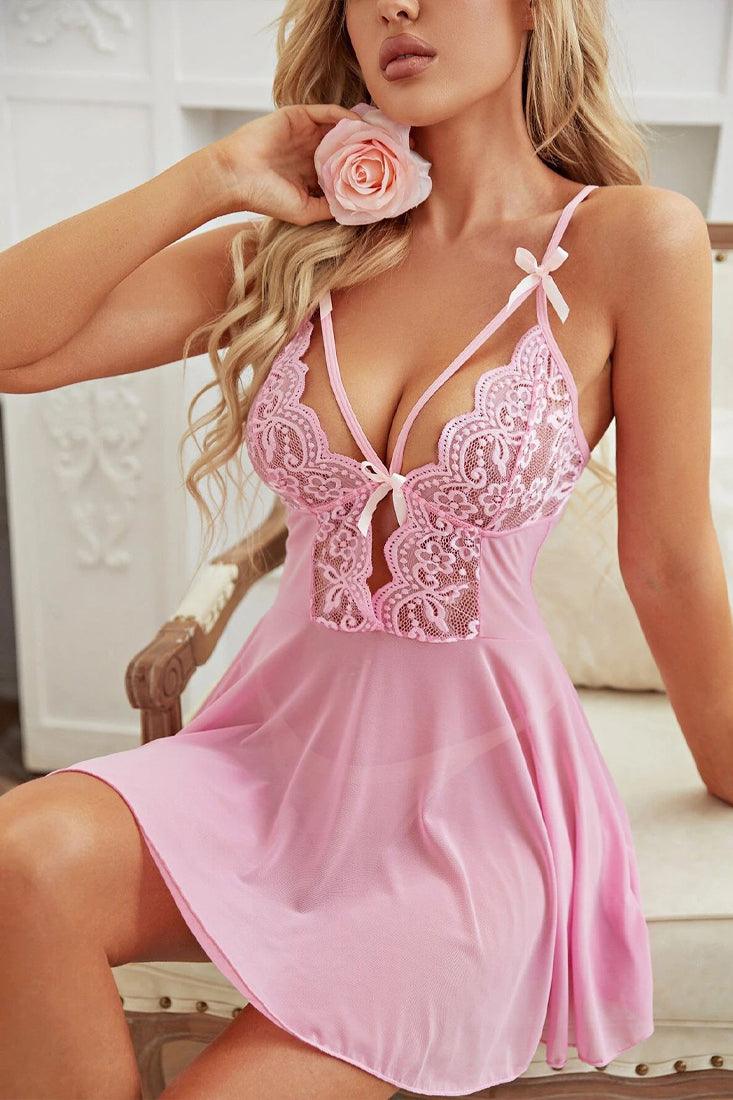 Pink Lace Mesh Strappy Teddy 2Pc Lingerie Set