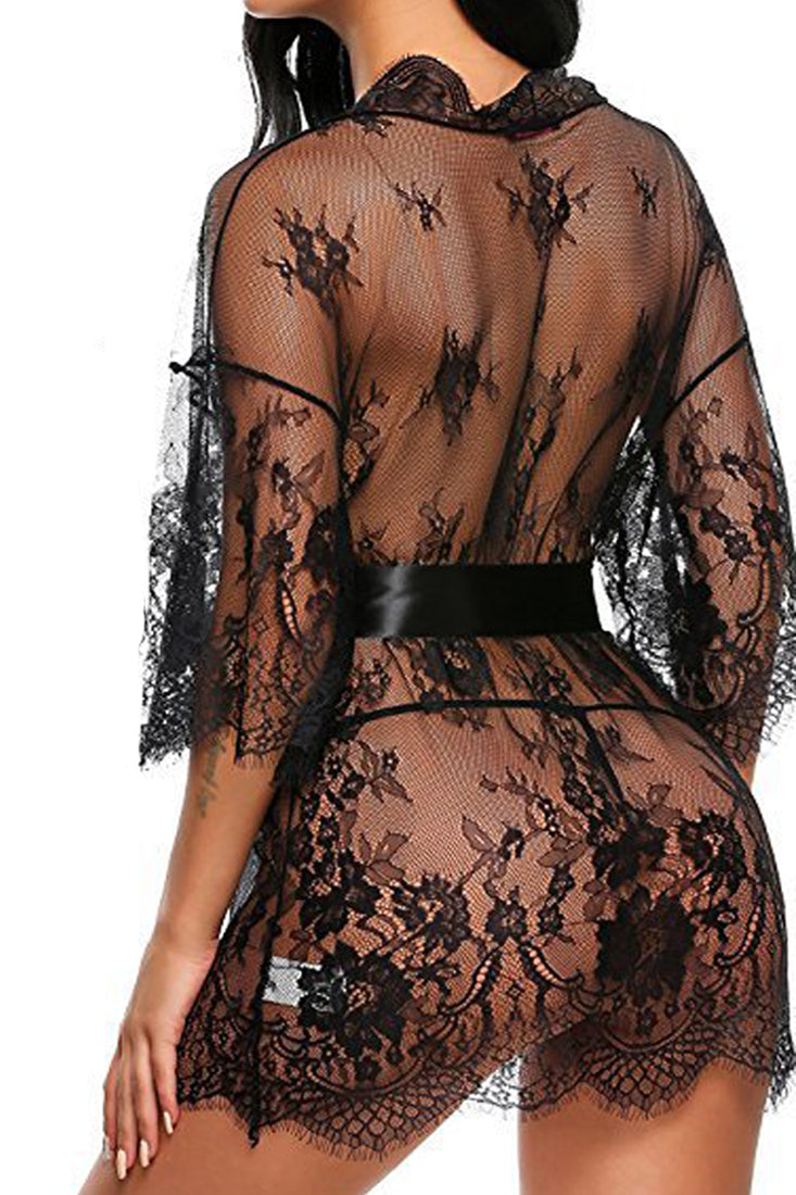 Black Lace Embroidered Robe Thong Belt 3Pc Lingerie Set