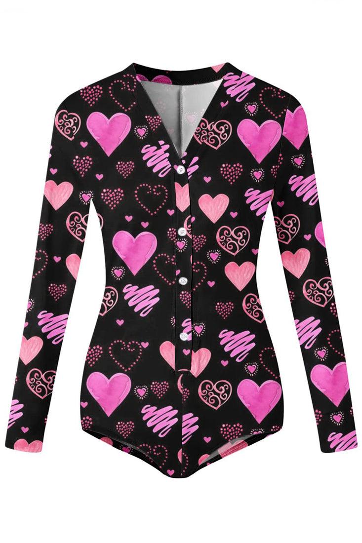 Black Pink Heart Printed Long Sleeve Sexy Fitted Casual Romper PJ