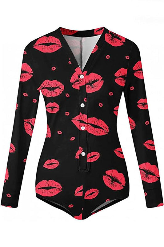 Black Red Lip Printed Long Sleeve Sexy Fitted Casual Romper PJ