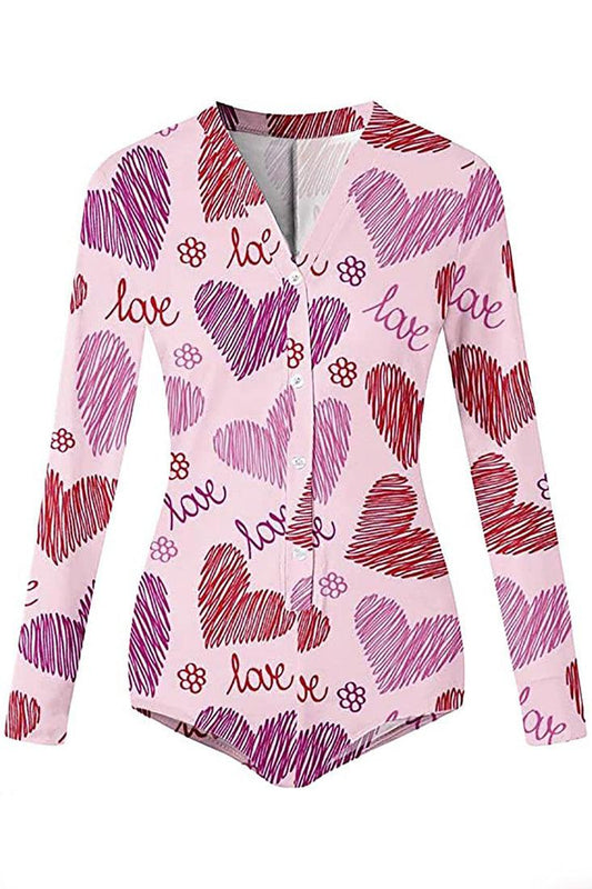 Pink Printed Long Sleeve Sexy Fitted Casual Romper PJ