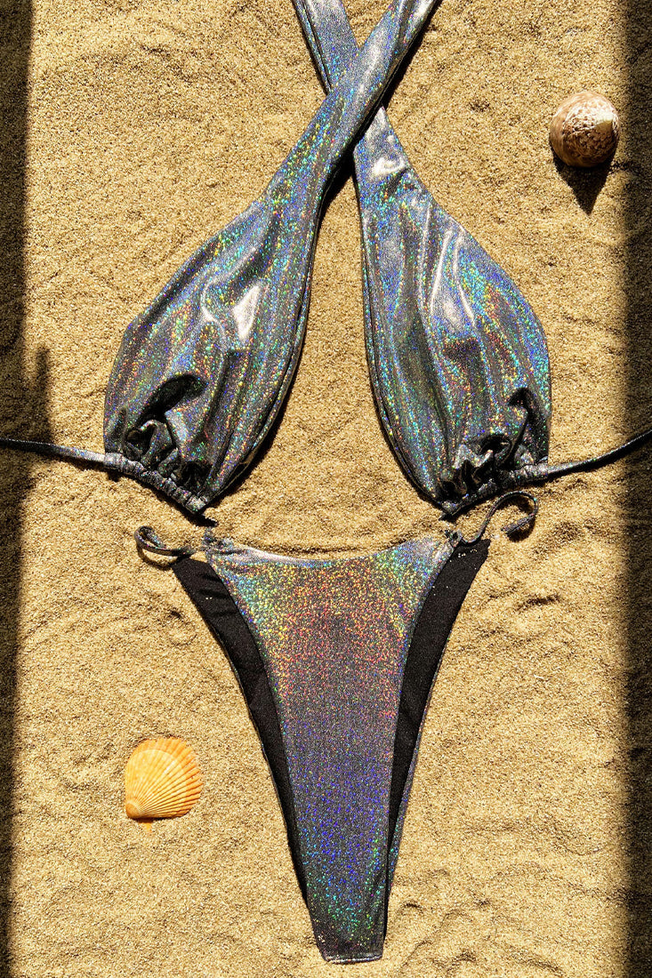 Black Holographic Halter Multi Style Cheeky Sexy Monokini 1Pc Swimsuit