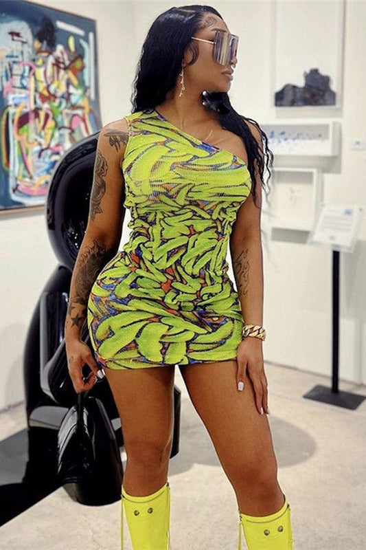 Lime Green Printed One Shoulder Ribbed Fitted Sexy Dress