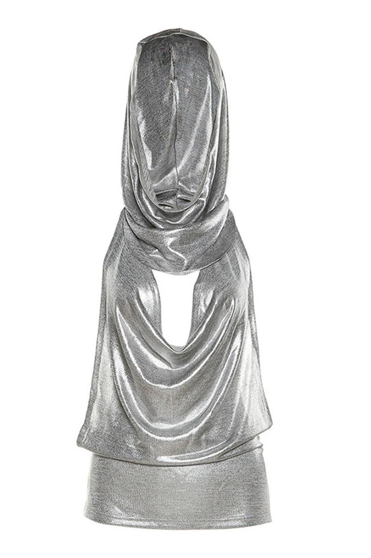 Silver Metallic Halter Hooded Backless Chain Party Club Top