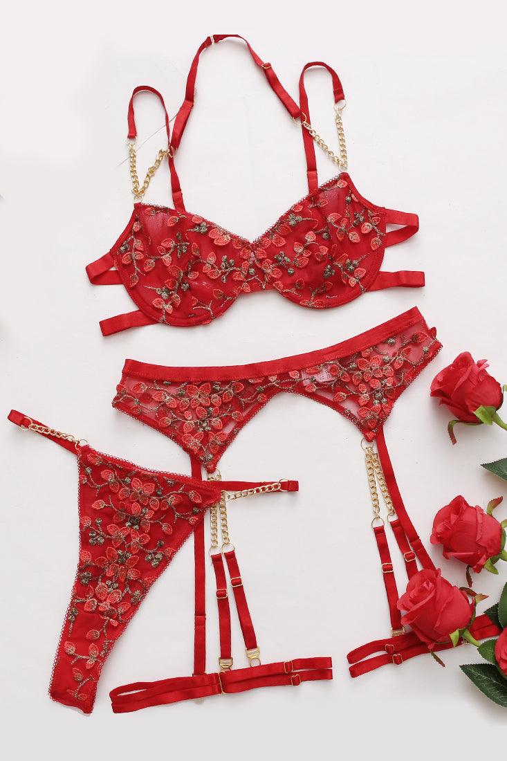 Red Floral Embroider Crochet Lace Bra Thong Garter 5Pc Lingerie Set