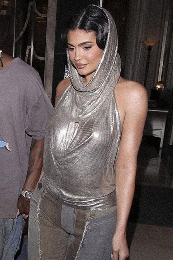 Silver Metallic Halter Hooded Backless Chain Party Club Top