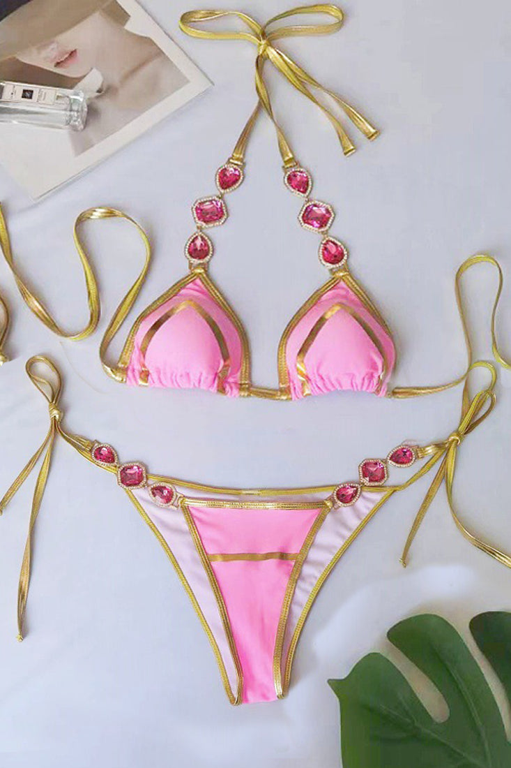 Pink Gold Trim Rhinestone Gem Sexy 2Pc Swimsuit Bikini