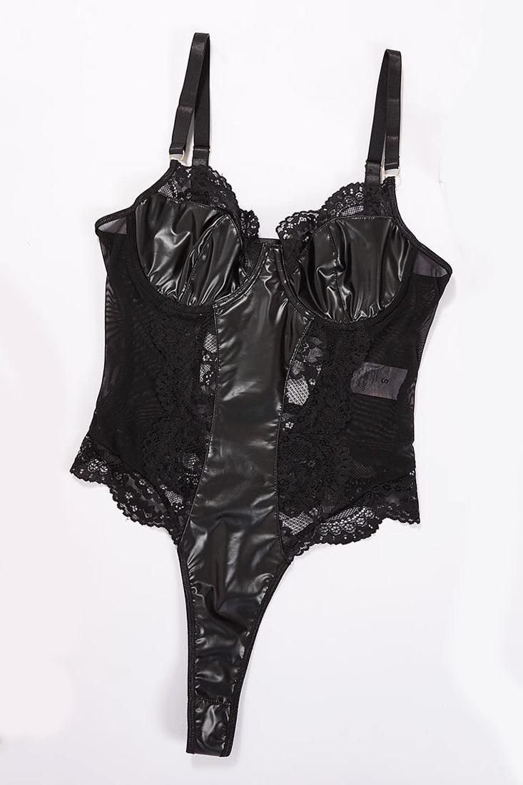 Black Faux Leather Lace Sides Sexy Thong Lingerie Bodysuit