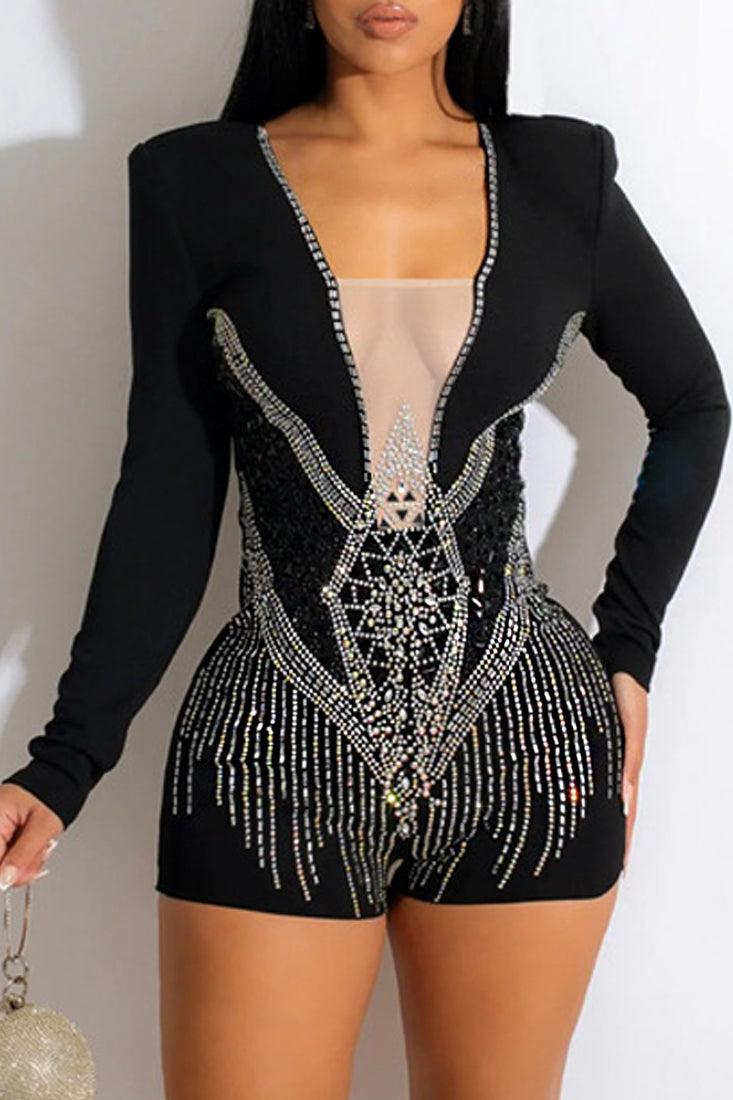 Black Long Sleeves Rhinestone Nude Mesh Plunging Neck Sexy Party Romper