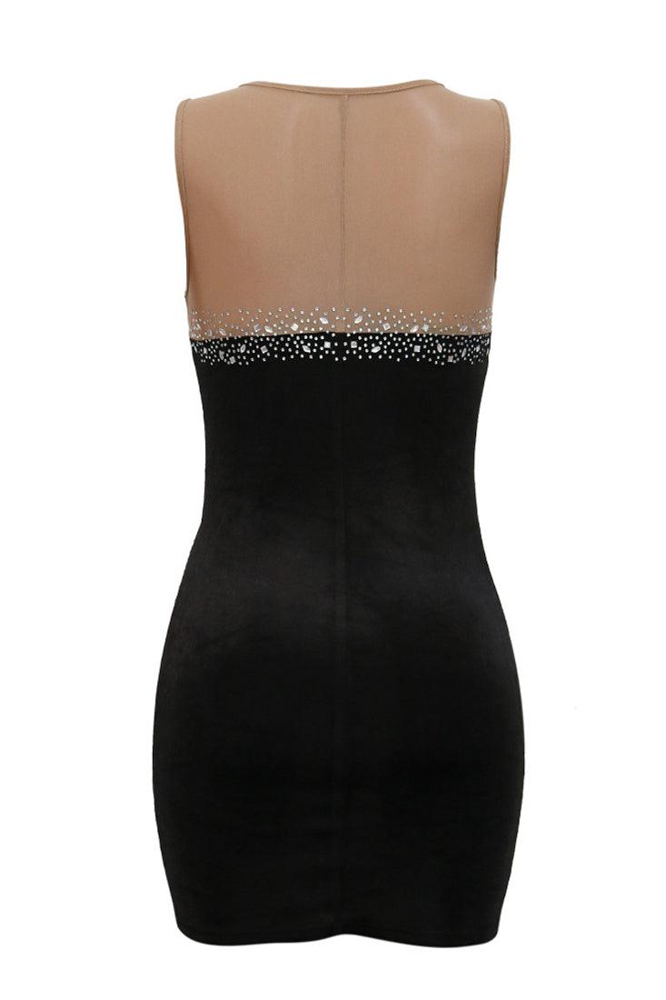 Black Velvet Nude Mesh Rhinestones Contour Sexy Party Dress