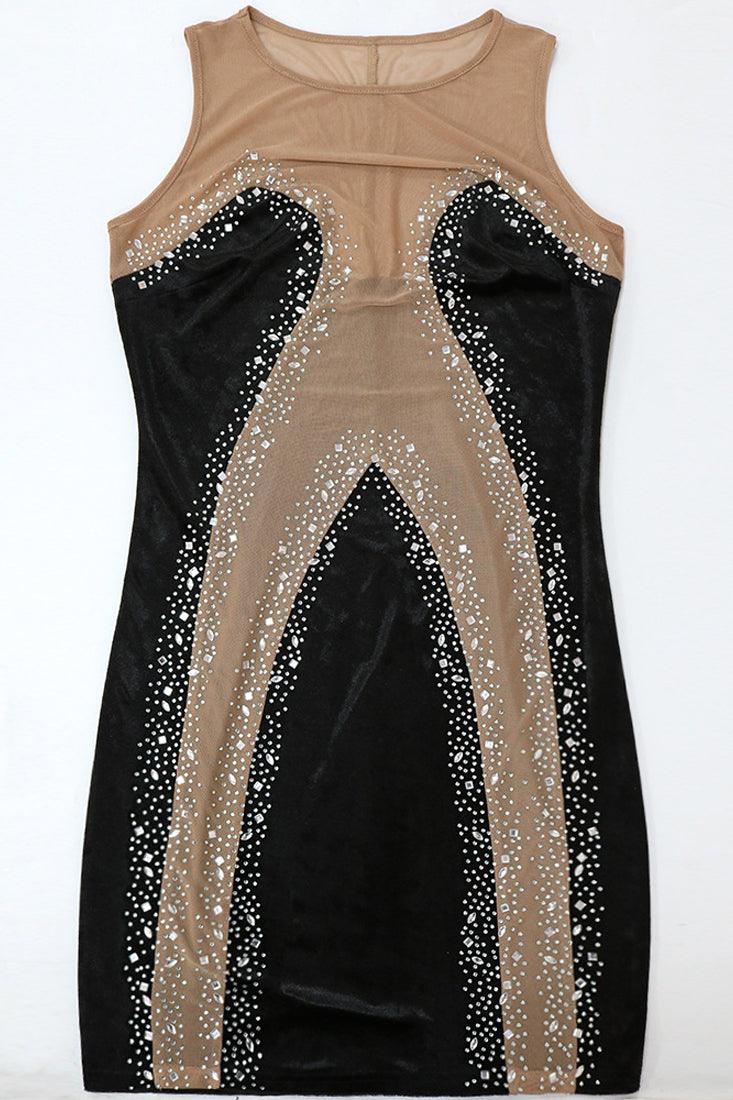 Black Velvet Nude Mesh Rhinestones Contour Sexy Party Dress