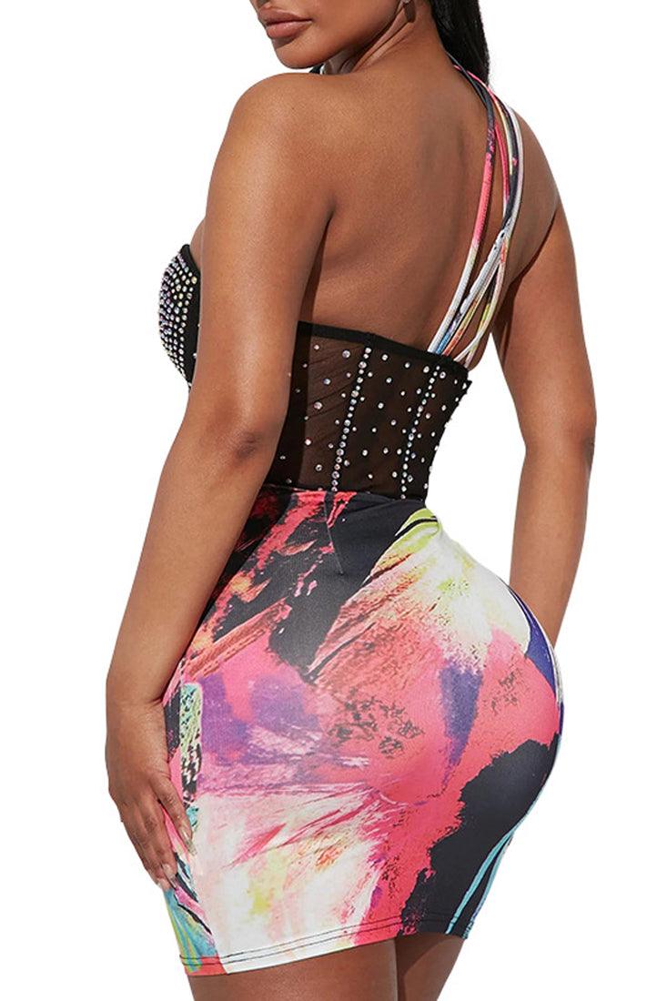 Multi Printed Black Mesh Rhinestones Padded Push Up Sexy Strappy Party Dress