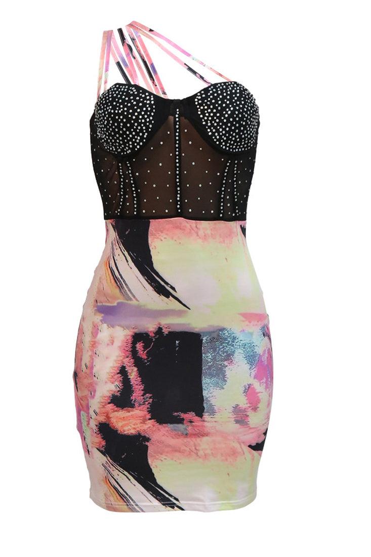 Multi Printed Black Mesh Rhinestones Padded Push Up Sexy Strappy Party Dress