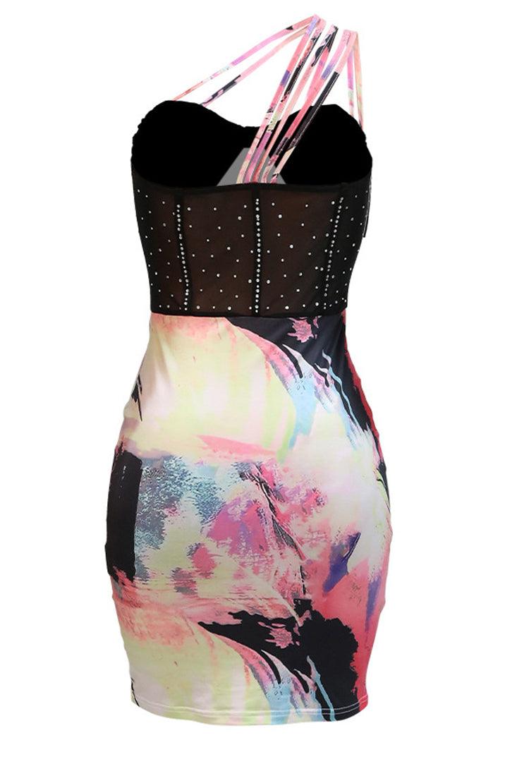 Multi Printed Black Mesh Rhinestones Padded Push Up Sexy Strappy Party Dress