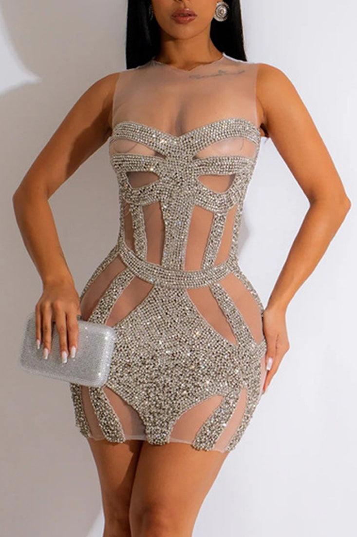 White Silver Rhinestones Nude Mesh Sexy Party Dress