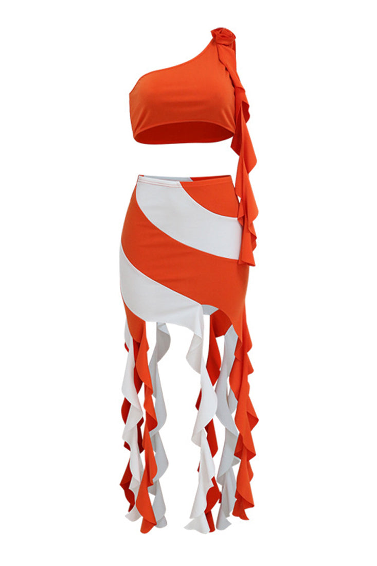 Orange White 3D Rose Ruffle One Shoulder 2Pc Dress Sexy Outfit