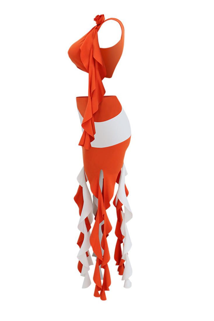 Orange White 3D Rose Ruffle One Shoulder 2Pc Dress Sexy Outfit