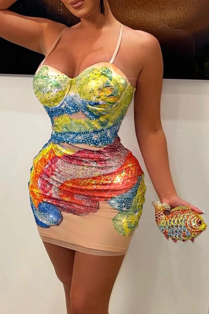 Rainbow Multi Rhinestone Padded Push Up Fitted Sexy Party Dress