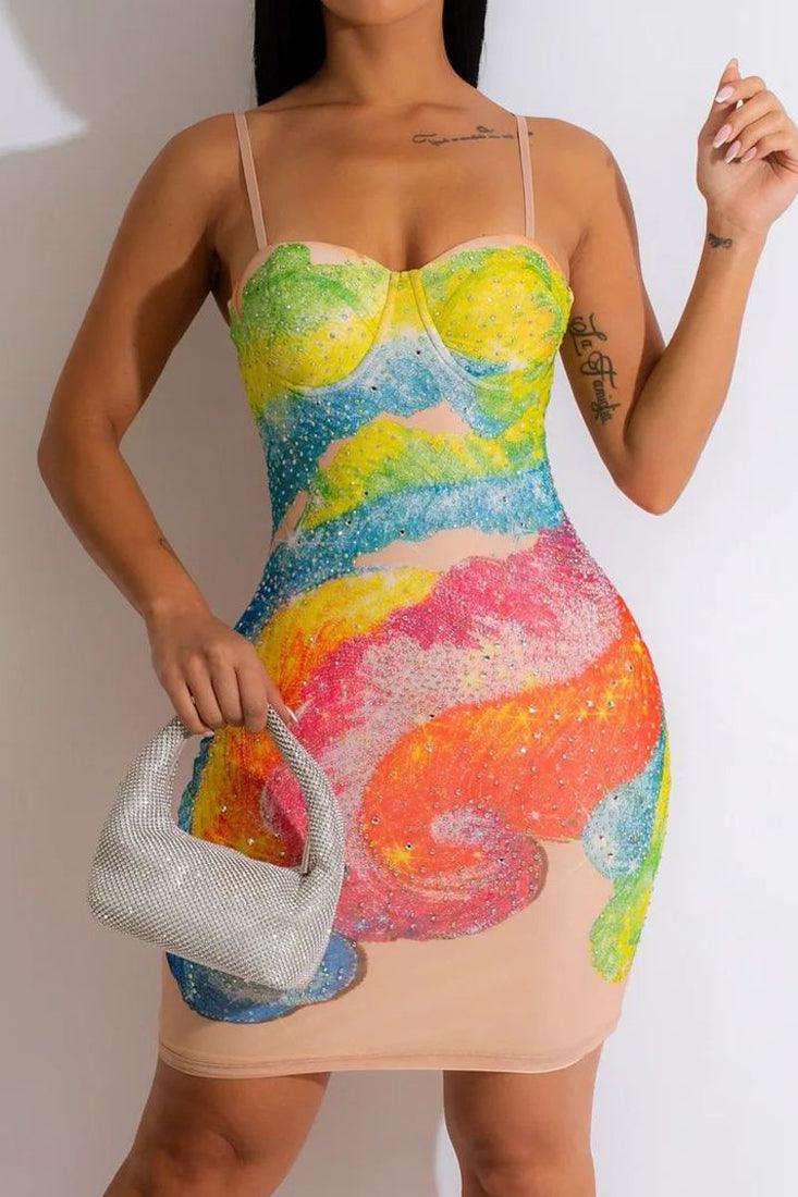 Rainbow Multi Rhinestone Padded Push Up Fitted Sexy Party Dress