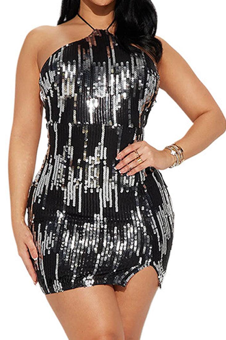 Black Silver Sequin Halter Back Zipper Sexy Slit Mini Party Dress