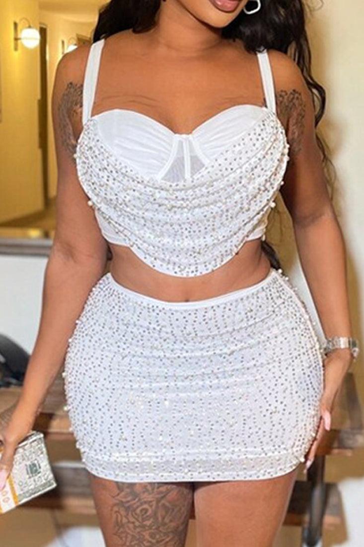 White Boned Padded Corset Rhinestone Pearl Mesh 2Pc Dress Outfit