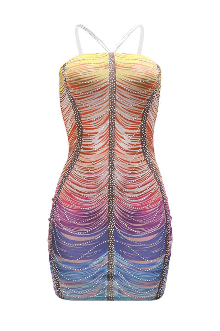 Rainbow Multi Rhinestones Sexy Fitted Party Dress