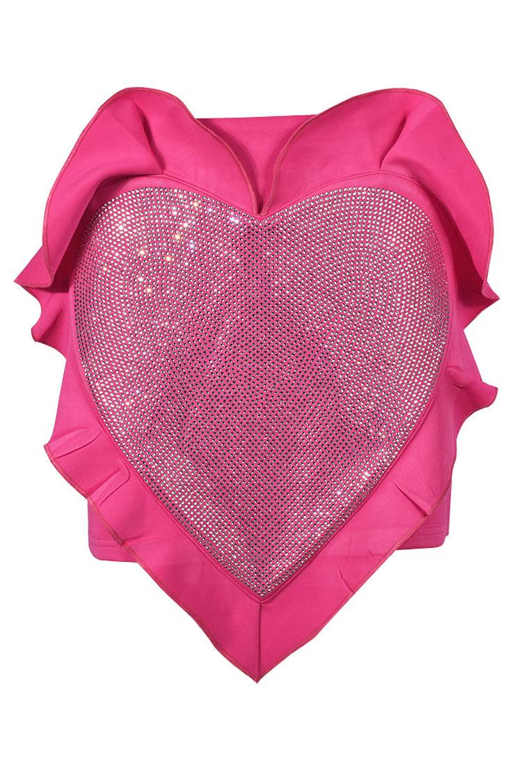 Pink Rhinestone Heart Shaped Ruffle Sexy Mini Skirt