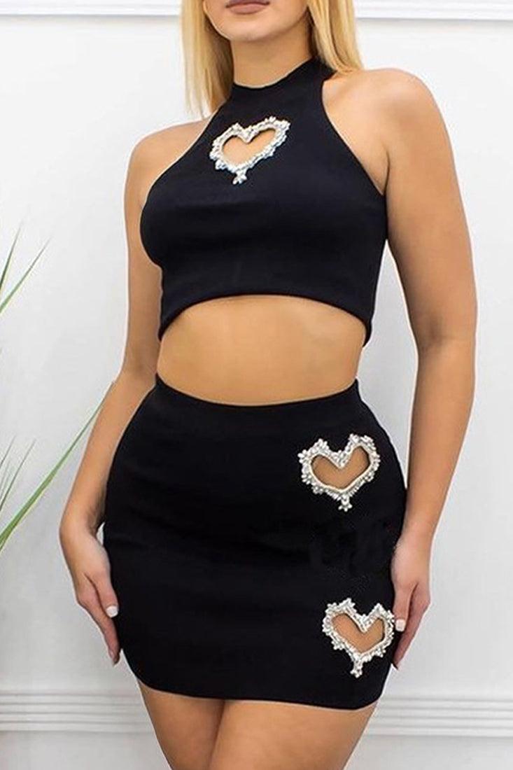 Black Ribbed Sleeveless Rhinestone Hearts Top Skirt 2Pc Dress Outfit