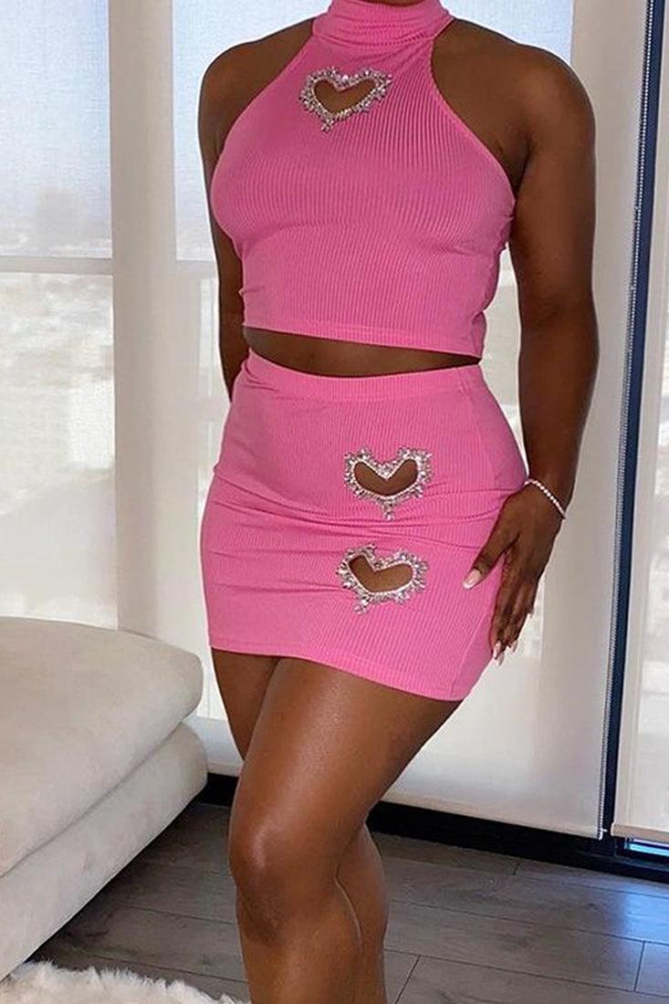 Pink Ribbed Sleeveless Rhinestone Hearts Top Skirt 2Pc Dress Outfit