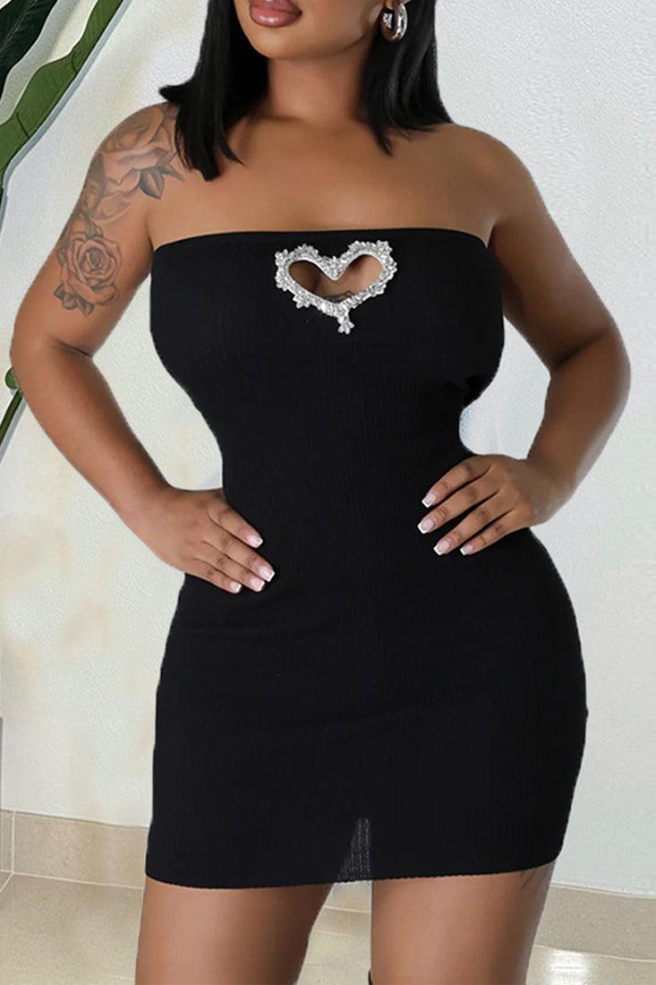 Black Strapless Rhinestone Heart Sexy Fitted Dress