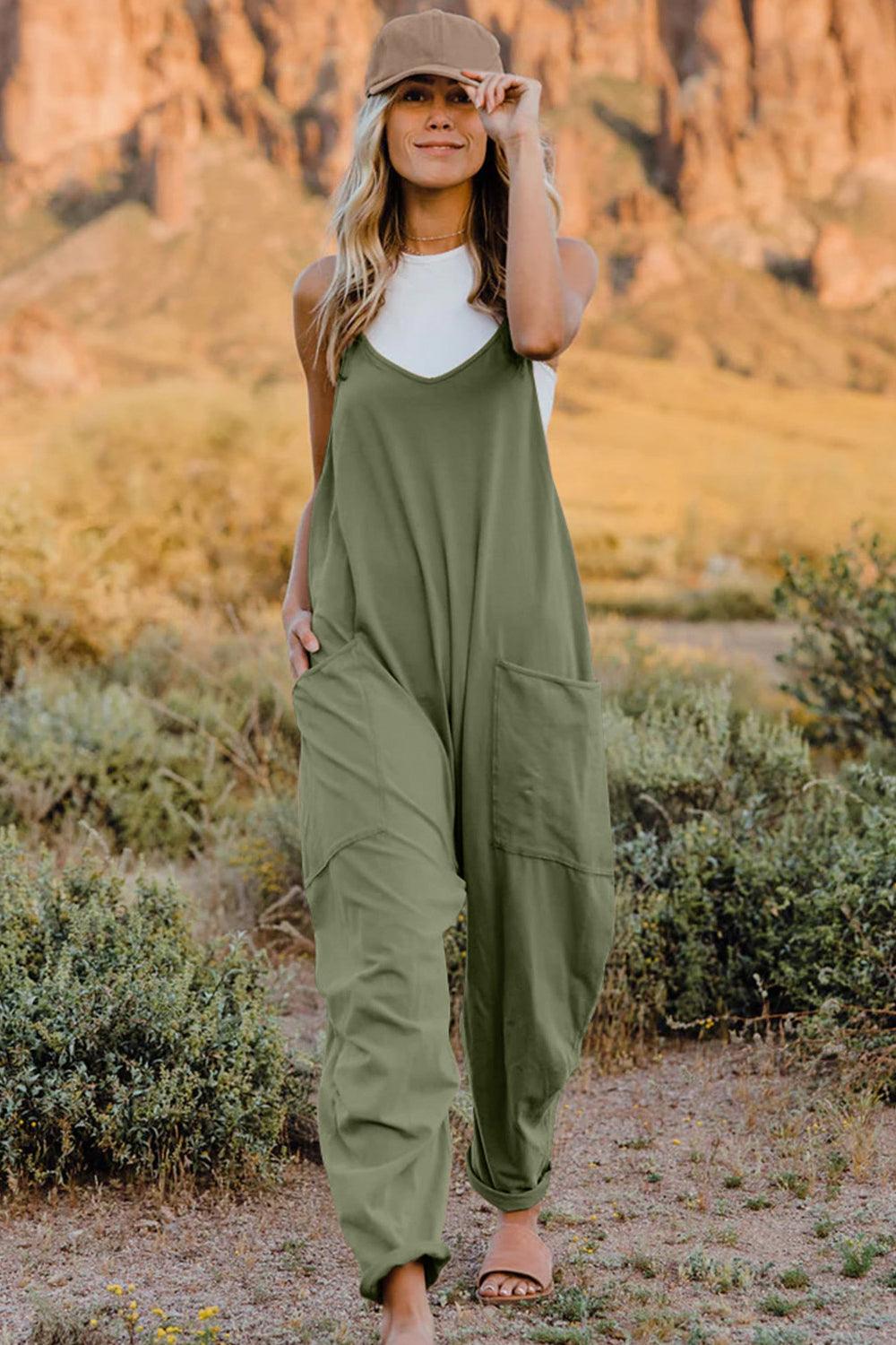 Double Take Full Size V-Neck Sleeveless Jumpsuit with Pockets - Babewear