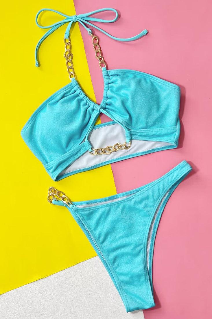 Sky Blue Gold Chain Shimmer Sparkly Cheeky 2Pc Swimsuit Set Bikini