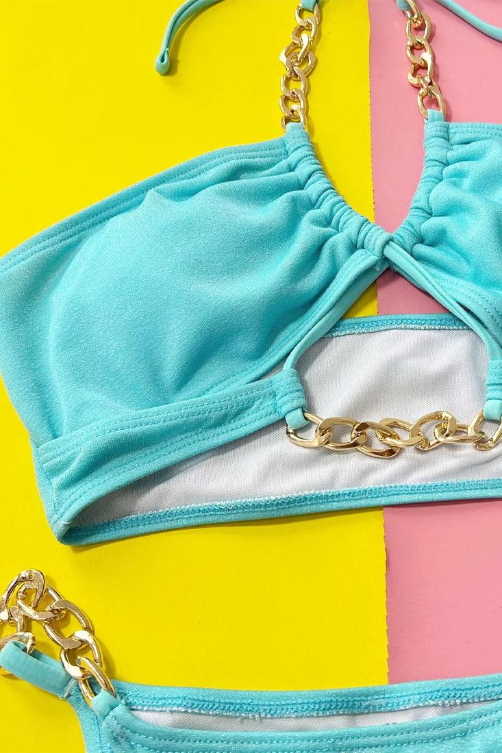 Sky Blue Gold Chain Shimmer Sparkly Cheeky 2Pc Swimsuit Set Bikini