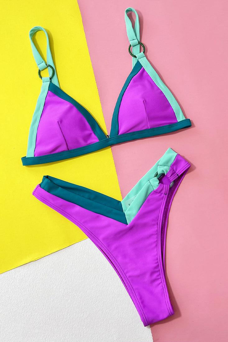 Purple Color Block Triangle Ultra Sexy Cheeky 2Pc Swimsuit Set Bikini