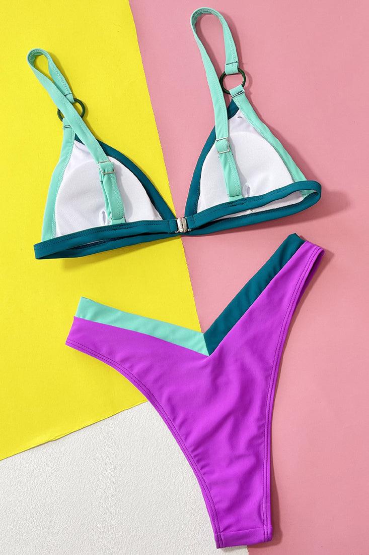 Purple Color Block Triangle Ultra Sexy Cheeky 2Pc Swimsuit Set Bikini