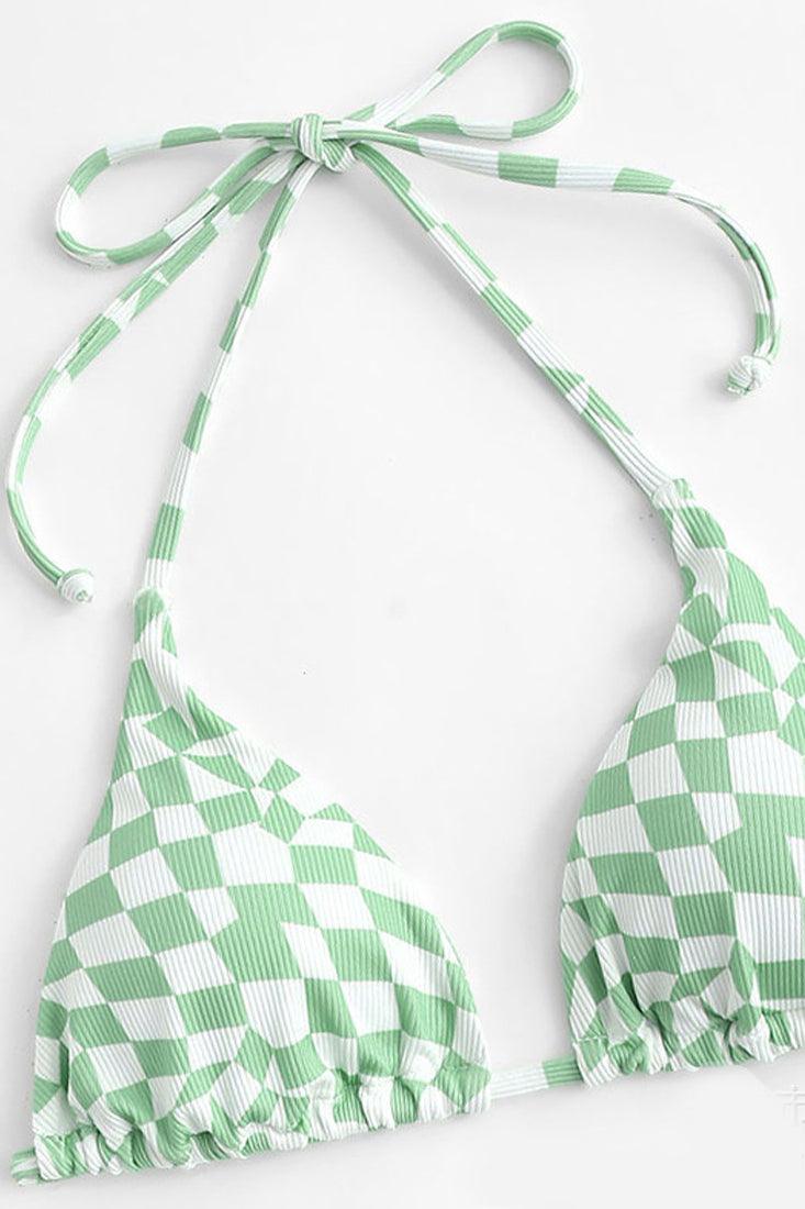 Sage Green Checker Printed Draw String Cheeky 2Pc Sexy Swimsuit Set Bikini