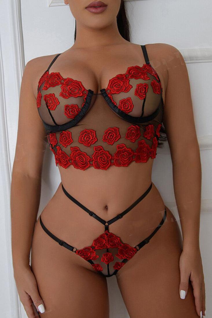 Black Red Rose Bustier Strappy Thong 2Pc Sexy Lingerie Set