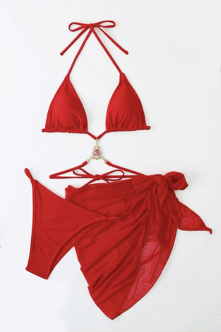 Red Rhinestone Gem Strappy Cheeky Bikini Cover-Up 3Pc Swimsuit Set