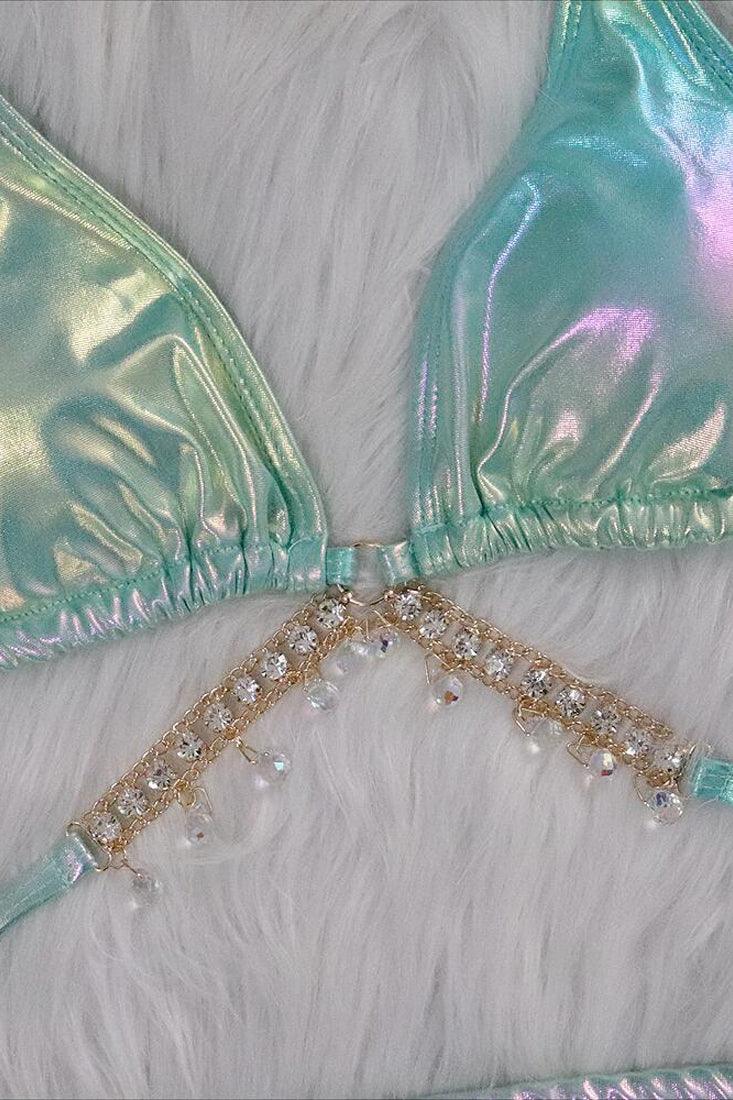 Green Holographic Rhinestone Starfish Strappy Draw String Cheeky 2Pc Swimsuit Set Bikini