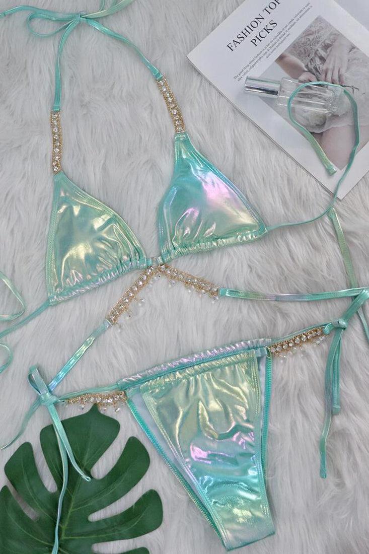 Green Holographic Rhinestone Starfish Strappy Draw String Cheeky 2Pc Swimsuit Set Bikini