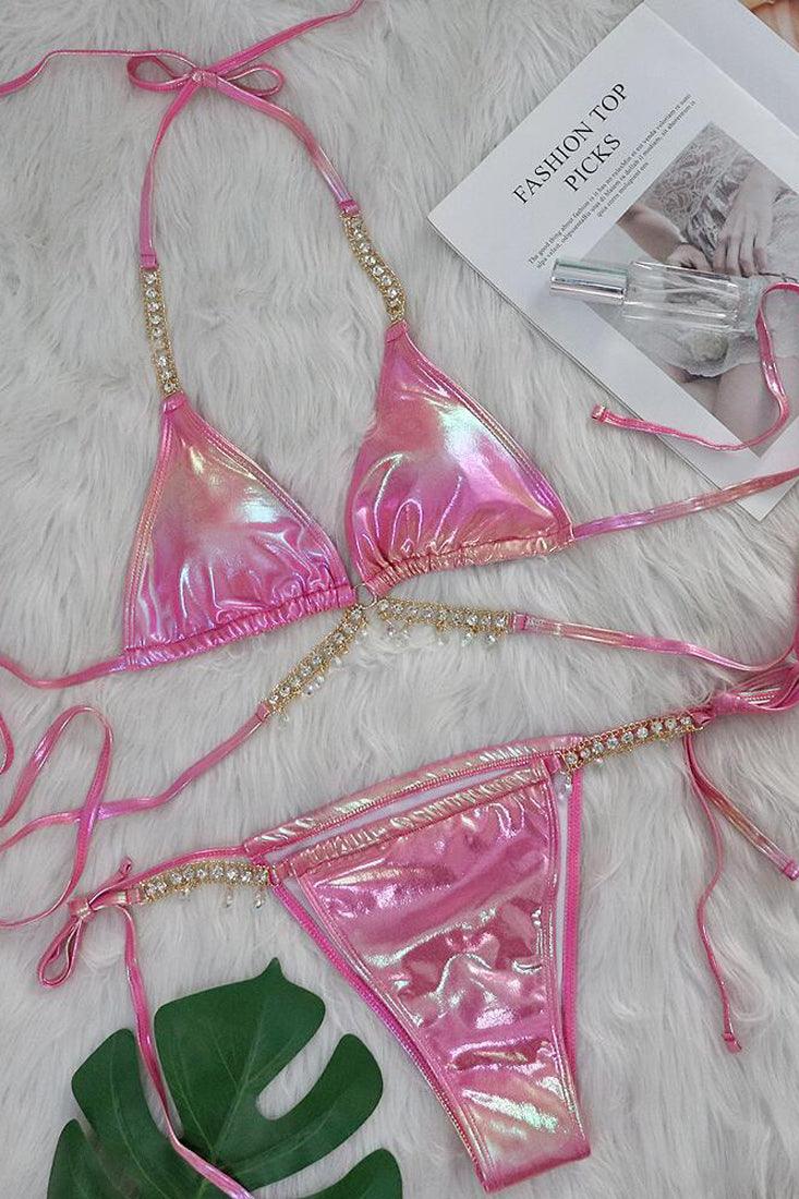 Pink Holographic Rhinestone Starfish Strappy Draw String Cheeky 2Pc Swimsuit Set Bikini