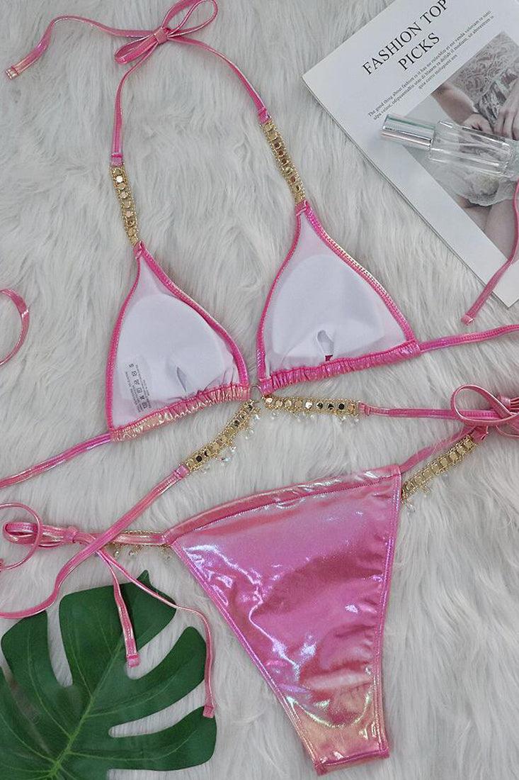 Pink Holographic Rhinestone Starfish Strappy Draw String Cheeky 2Pc Swimsuit Set Bikini